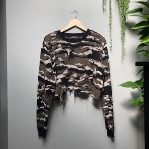 distressed camo sweater